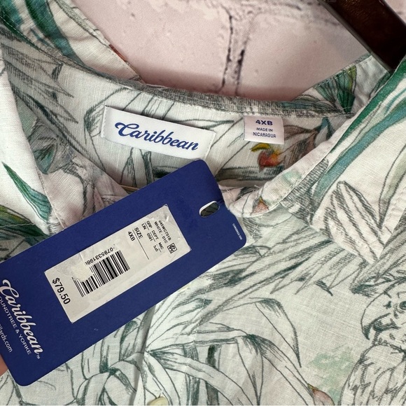 NWT caribbean Green Tropical Print Hawaiian Shirt linen cotton blend sz 4XB - Picture 2 of 7